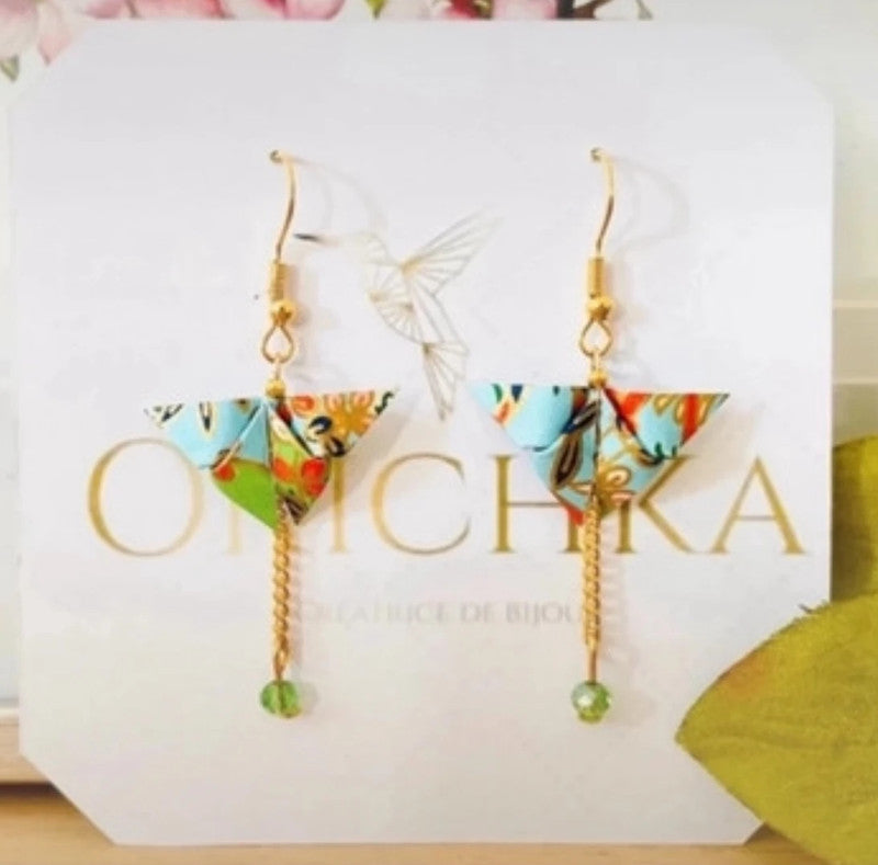 Boucles d’oreilles papillon origami japonais sur chaîne et perle