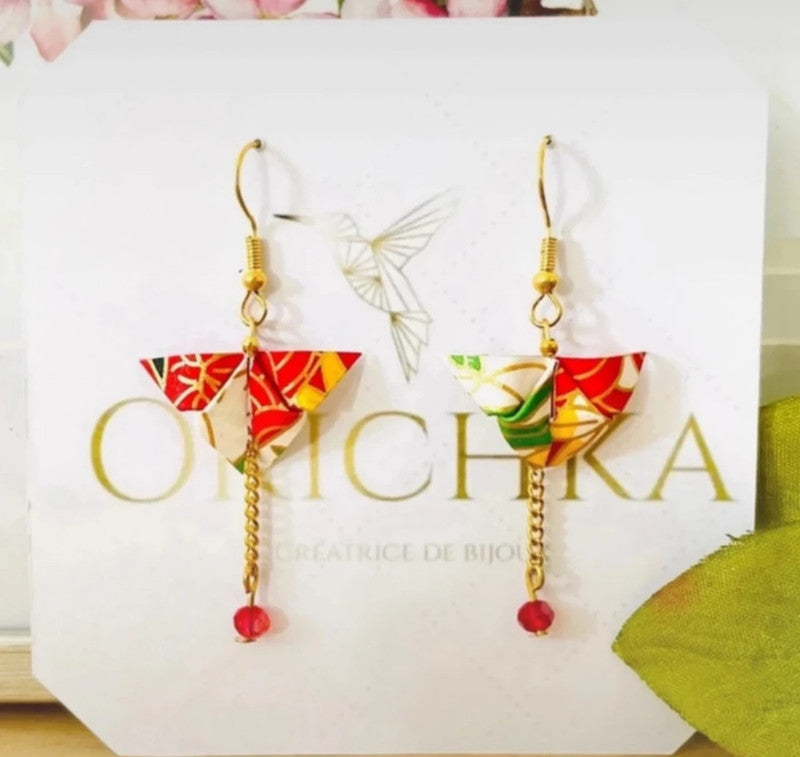 Boucles d’oreilles papillon origami japonais sur chaîne et perle