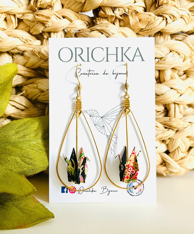 Boucles d'oreilles goutte d'eau dorée et oiseau en origami japonais