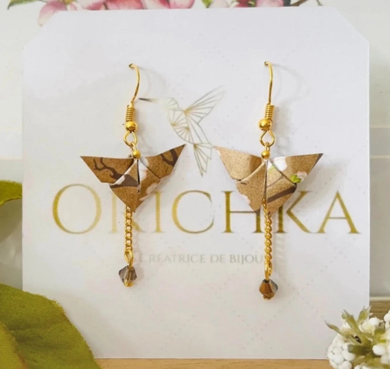 Boucles d’oreilles papillon origami japonais sur chaîne et perle