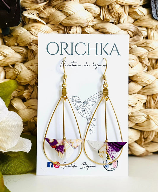 Boucles d'oreilles goutte d'eau dorée et oiseau en origami