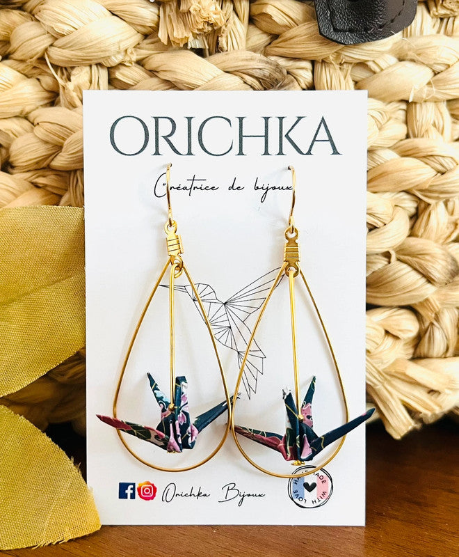 Boucles d'oreilles goutte d'eau dorée et oiseau en origami japonais