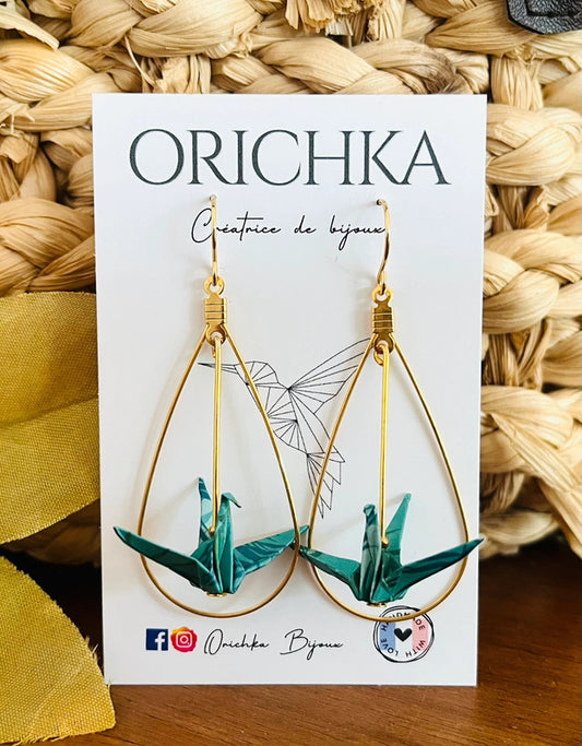 Boucles d'oreilles goutte d'eau dorée et oiseau en origami japonais