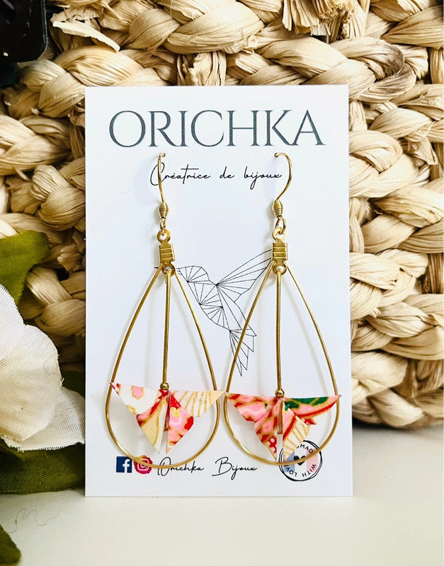 Boucles d'oreilles goutte d'eau dorée et oiseau en origami