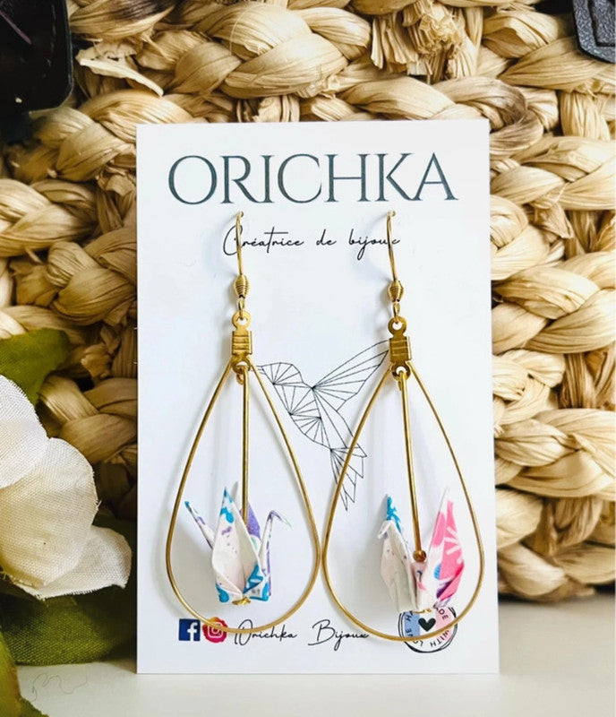 Boucles d'oreilles goutte d'eau dorée et oiseau en origami japonais