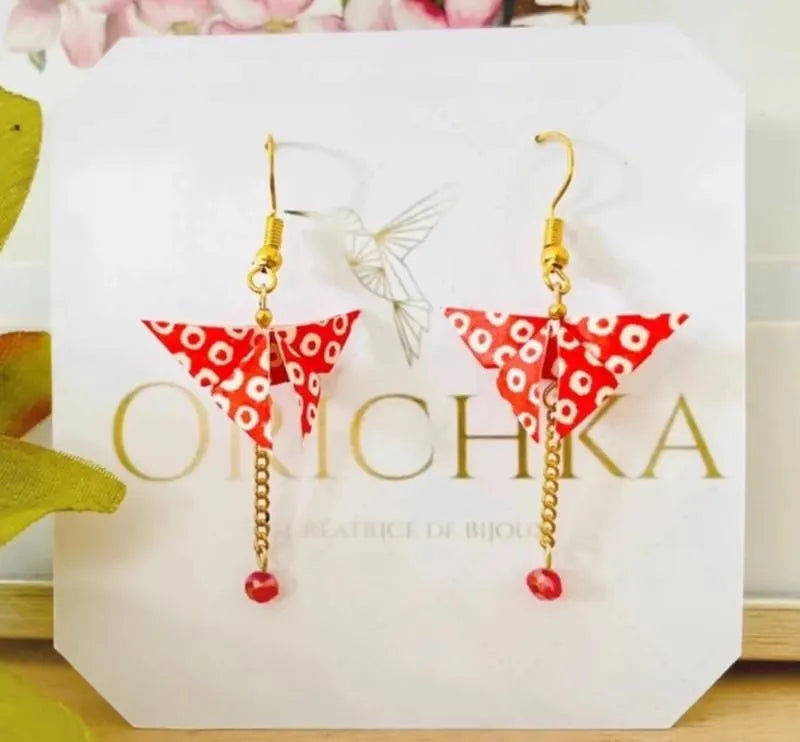 Boucles d’oreilles papillon origami japonais sur chaîne et perle