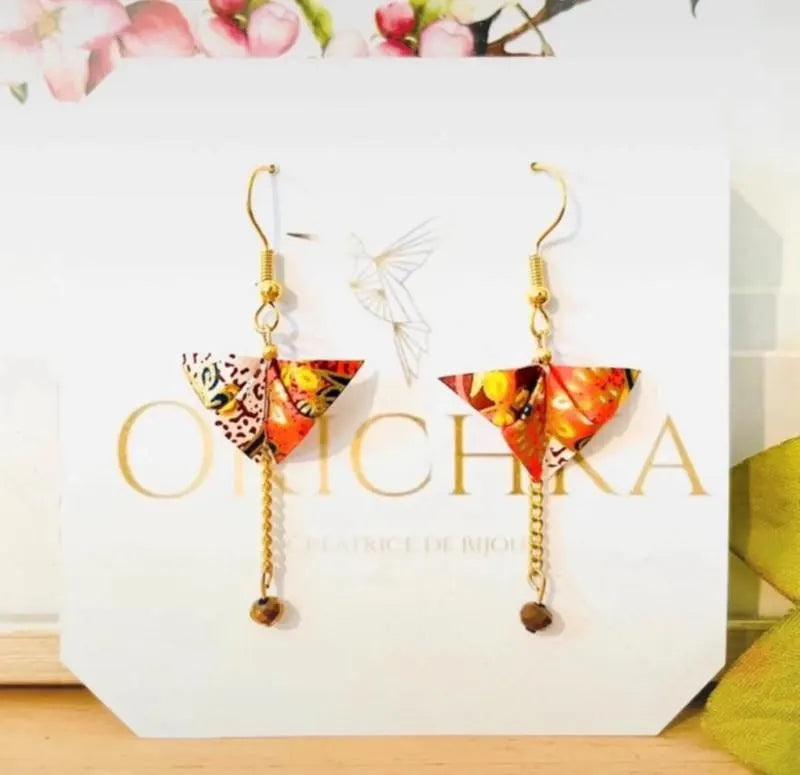 Boucles d’oreilles papillon origami japonais sur chaîne et perle