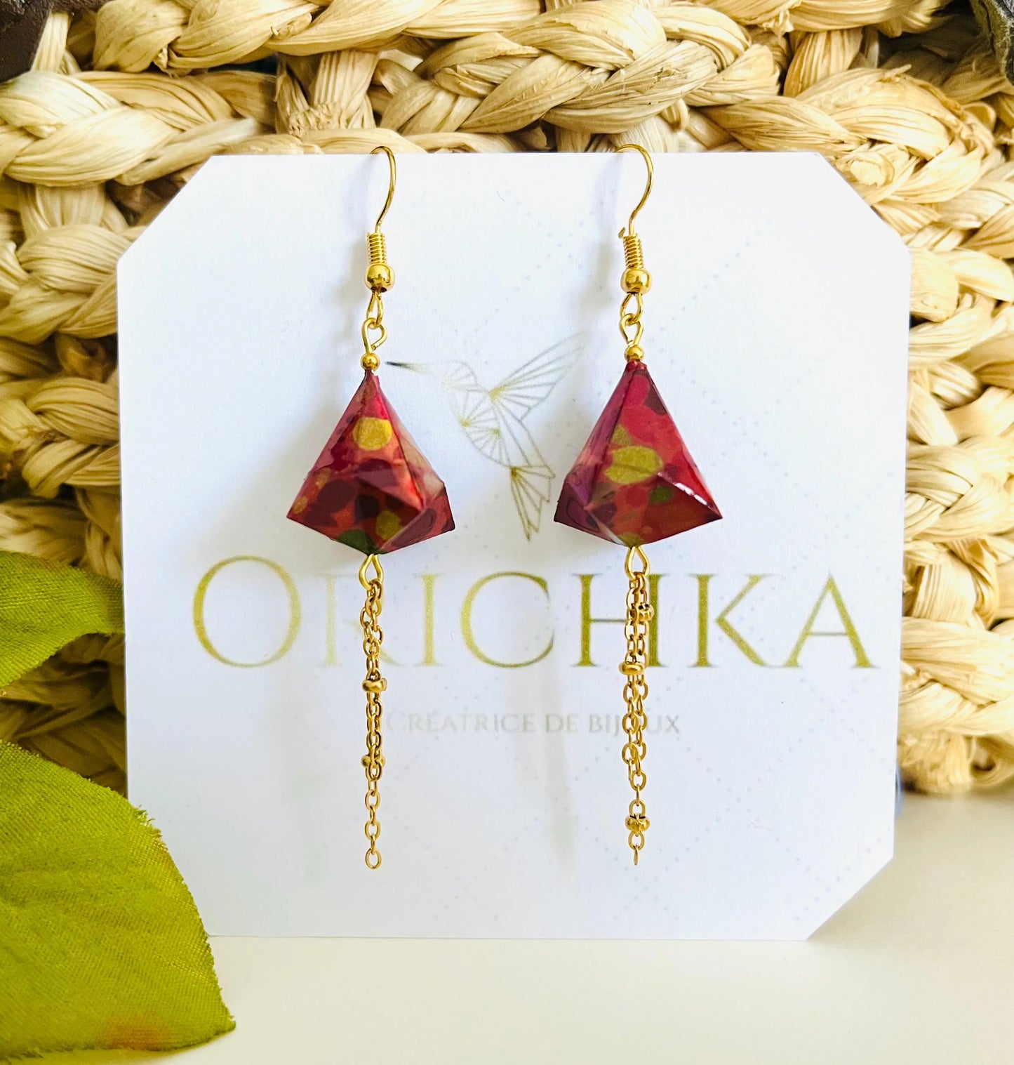 Boucles d'oreilles longues origami japonais diamant et double chaine dorée